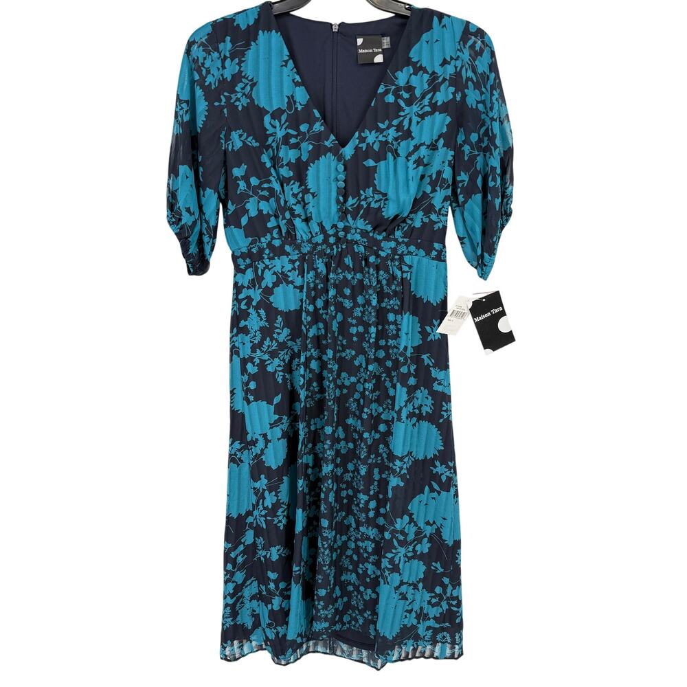 Maison Tara Floral Midi Dress Navy Teal Size 6 V-Neck Wedding Guest
